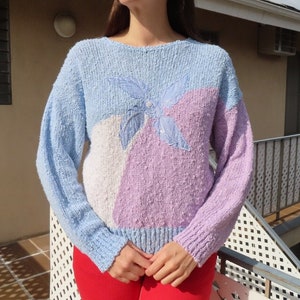 CLEARANCE SALE 1980s Pastel Sweater Blue Light Pink Color Block Flower Applique Acrylic Oversized Top size Large - 42&quot; bust / 23.5&quot; length