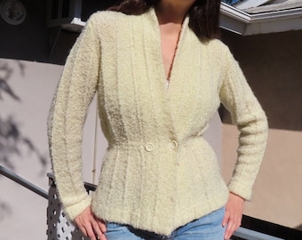 1960s Cream Cardigan Thick Loop Acrylic Knit Two Button Waist Shawl Collar Long Sleeve Cable Stripe Heavy Sweater size Medium - 38" bust