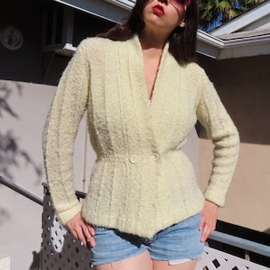 1960s Cream Cardigan Thick Loop Acrylic Knit Two Button Waist Shawl Collar Long Sleeve Cable Stripe Heavy Sweater size Medium - 38&quot; bust