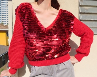 1980s Sequin Sweater Red Paillette Oversized Round Sequins Hand Knit Full Bubble Sleeve Wide V-Neck Jumper size Large / XL - 45" chest