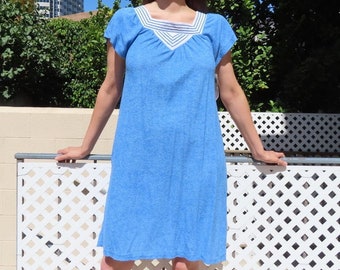 1980s Towel Dress Deadstock Blue White Short Sleeve Knee Length Thin Terrycloth Striped Square Neck Pool Beach Cover Up sz Small - 41" chest