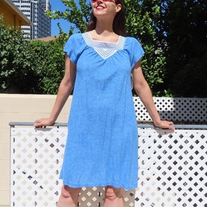 1980s Towel Dress Deadstock Blue White Short Sleeve Knee Length Thin Terrycloth Striped Square Neck Pool Beach Cover Up sz Small - 41&quot; chest