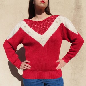 1980s Pearl Sweater Red White V Striped Crochet Neckline Full Puff Sleeve Acrylic Nylon Wool Angora Blend Jumper size Medium - 38&quot; chest