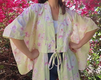 1990s Y2K Kimono Cherry Blossom Pink Yellow Floral Print Huge Rectangular Sleeve Knee Length Tie Front Flower Robe size Large - 42" chest