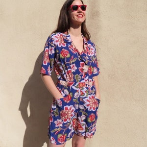 1990s Romper Abstract Exotic Floral Print Navy Red Short Sleeve One Piece Shorts Jumpsuit size Medium - 41&quot; bust / 34&quot; waist / 47&quot; hip