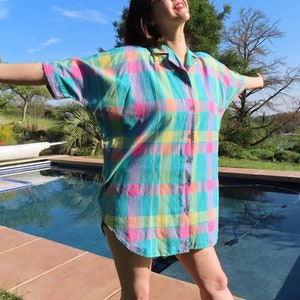 1980s Plaid Dress Oversized Short Sleeve Button Down Blue Pink Yellow Beach Shirt Cover Up Top One Size Fits Many - 57&quot; chest / 34&quot; length