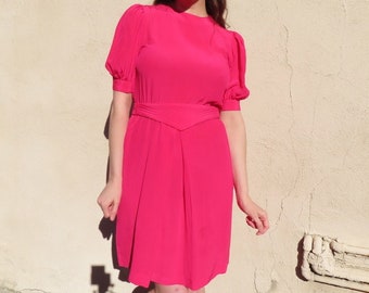 1980s Silk Dress Bright Neon Pink Short Puff Sleeve Quilted Self Belt Knee Length Elastic Waist Box Pleat Minidress size Medium - 37" bust