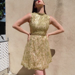 1960s Gold Dress Blue Rhinestones Metallic Thread Jeweled Collar Sleeveless Saks Fifth Avenue Minidress size Small - 36&quot; bust / 27&quot; waist