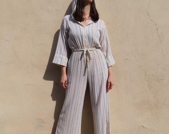 1970s Jumpsuit Gestreift Einteiler aus Baumwolle mit weitem Bein