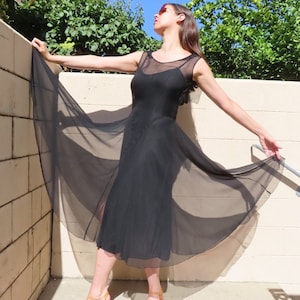 1920s Flapper Dress Sheer Black Chiffon Sailor Cape Collar Sleeveless Drop Waist Flowy Full Calf Length Skirt size Small / Medium - 36&quot; bust