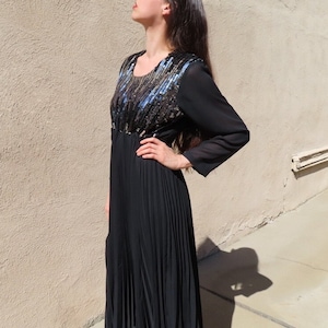 1980s Sequin Dress Silver Black Sequin Metallic Bodice Long Sleeve Ankle Length Pleated Skirt Shoulder Pads size Extra Large XL - 40+&quot; bust
