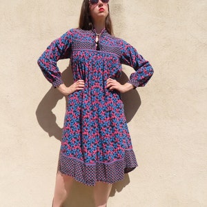 1970s Indian Dress Block Print Tassel Tie Neckline Long Sleeve Blue Pink Black Over Knee Length Cotton Hippie Caftan size Large - 41&quot; bust