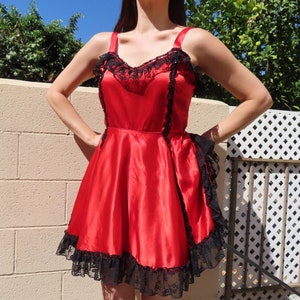 1960s Burlesque Dress Red Black Lace Sequin Satin High Ruffle Side Slit Full Short Skirt Tank size Medium / Large - 39&quot; bust / 30&quot; waist