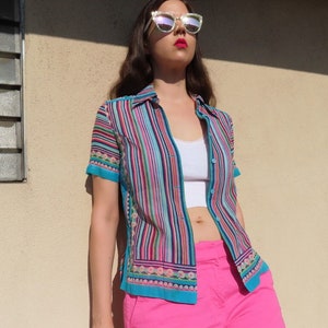 1960s Striped Top Scarf Print Vertical Stripe Button Down Collared Shirt Blue Pink Floral Print Blouse Japanese Vintage sz Small - 35&quot; bust