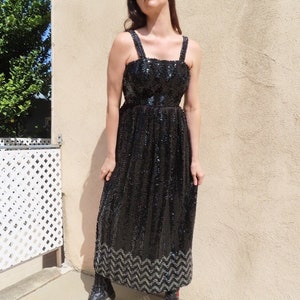 CLEARANCE SALE 1960s Sequin Gown Black Silver Zigzag Sequins Full Length Sleeveless Tank Dress Formal Black Tie Party size Small bust 34&quot;