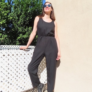 1990s Black Jumpsuit Sleeveless Tank Side Pockets Long Pants One Piece size Medium - 39" chest / 26-34" elastic waist / 48" hip / 28" inseam
