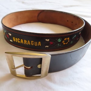 1970s Nicaragua Belt Black Leather Hand Painted Silver Buckle Red Heart Yellow Flower size Medium - fits 27.5&quot; - 33.25&quot; waist / 38&quot; length