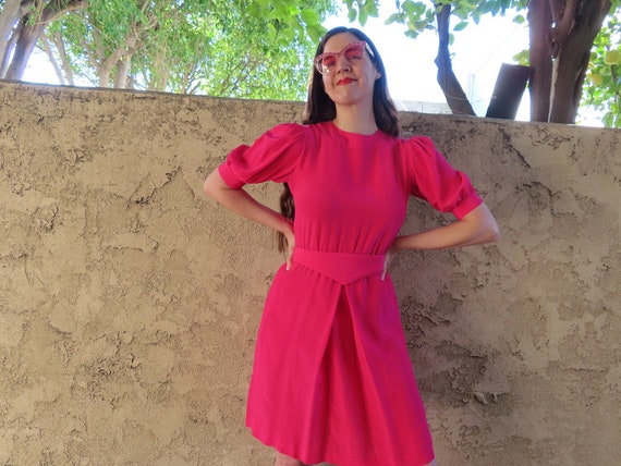 1980s Silk Dress Bright Neon Pink Short Puff Slee… - image 3