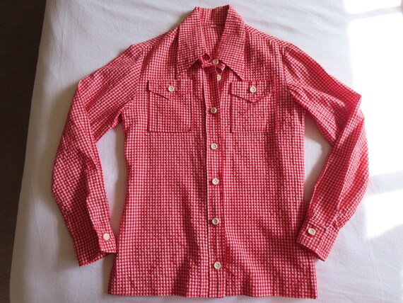 1970s Check Top Red White Oversized Button Front … - image 7