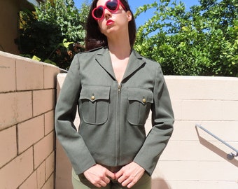 1960s Military Jacket Zip Front Gold Eugene Button Large Patch