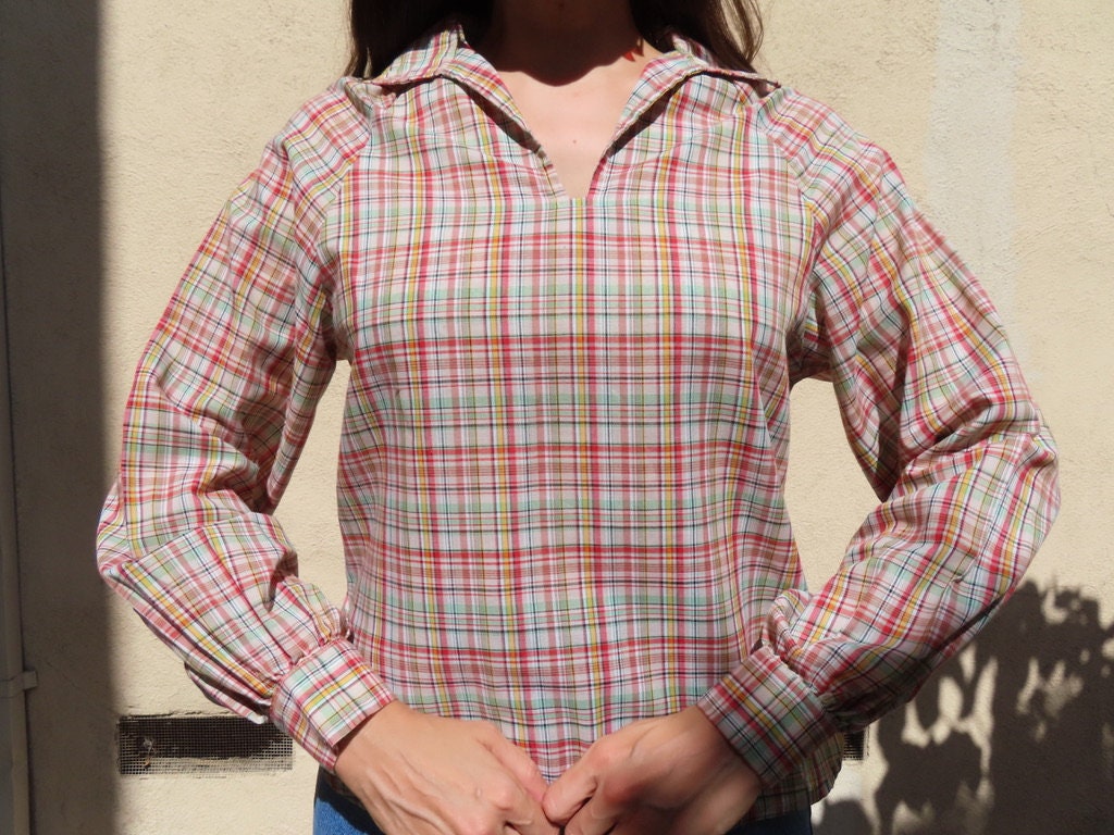 1970s Plaid Shirt Red Green White Pullover Open Collared 1970s Plaid Shirt Red Green White Pullover Open Collared