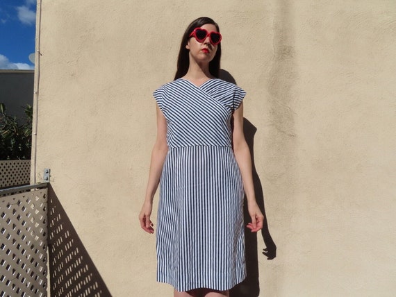 1970s Striped Dress Blue White Diagonal Vertical … - image 1