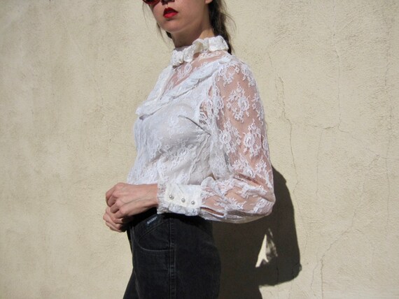 1970s Lace Blouse White Ruffle High Collar Top Sh… - image 3