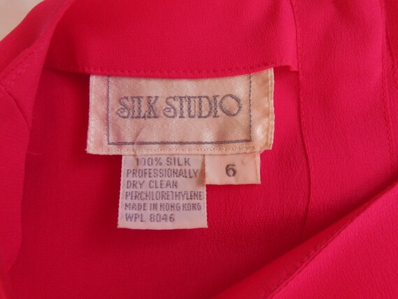 1980s Silk Dress Bright Neon Pink Short Puff Slee… - image 10