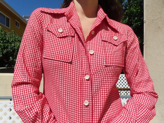 1970s Check Top Red White Oversized Button Front … - image 2