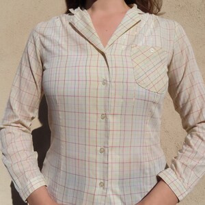 1970s Plaid Shirt White Rainbow Button Down Top Glittery Sparkly Metallic Gold Thread Blouse size Small 36 bust / 32 waist / 24 long image 2