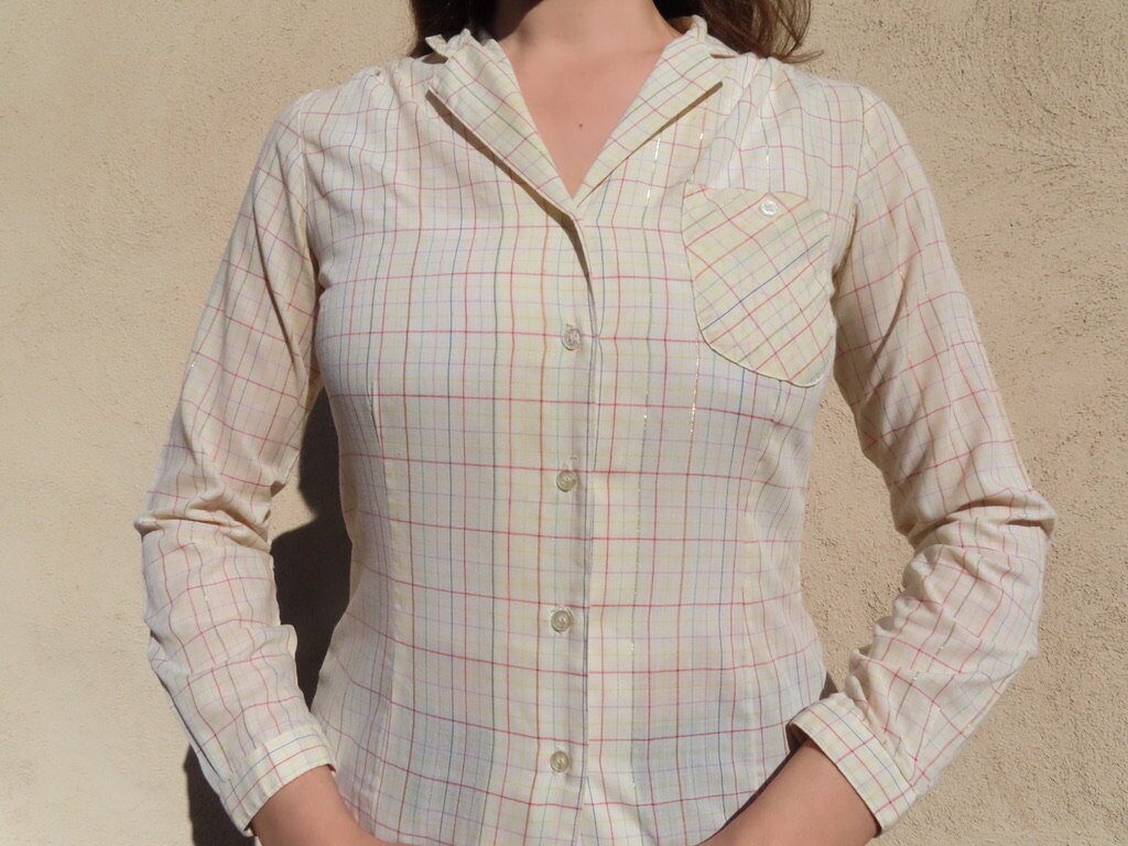 1970s Plaid Shirt White Rainbow Button Down Top Glittery 1970s Plaid Shirt White Rainbow Button Down Top Glittery