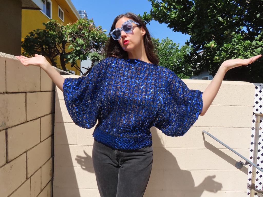 1980s Sequin Top Blue Oversized Dolman Balloon Sleeve Boat Neck