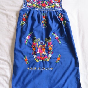 1970s Embroidered Dress Mexican Floral Person Figural Hand Embroidery Sleeveless Blue Folk size Small 36 chest / 44 hip / 37.5 length image 8