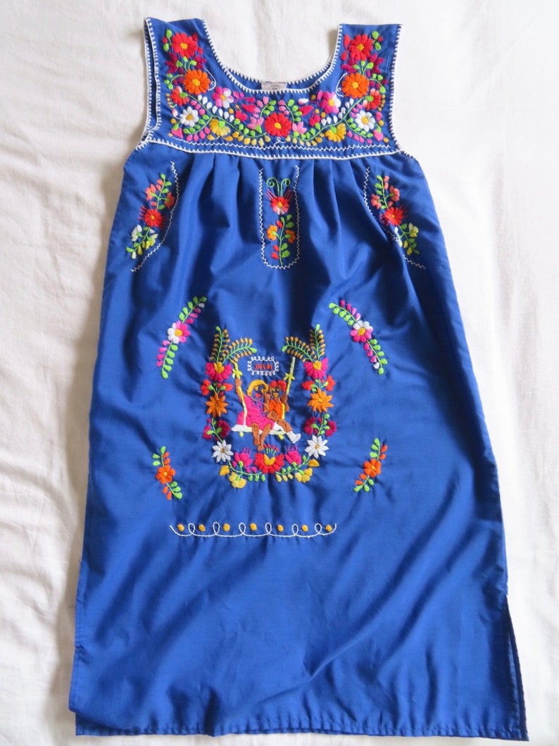 1970s Embroidered Dress Mexican Floral Person Figural Hand Embroidery Sleeveless Blue Folk size Small 36 chest / 44 hip / 37.5 length image 8