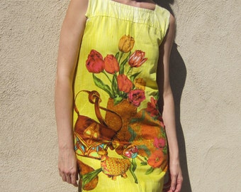 CLEARANCE SALE 1960s Floral Dress Still Life Novelty Print Flower Basket Yellow Shift Hawaiian Mod Bird Tank size Small / Medium - 35" bust