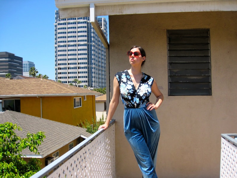 1980s Jumpsuit Black Floral Top Blue Velvet Pants Sleeveless V-Neck size Medium bust 39 waist 28