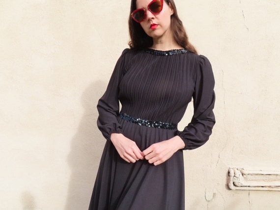 1970s Black Dress Sequin Pleated Full Long Sleeve… - image 4