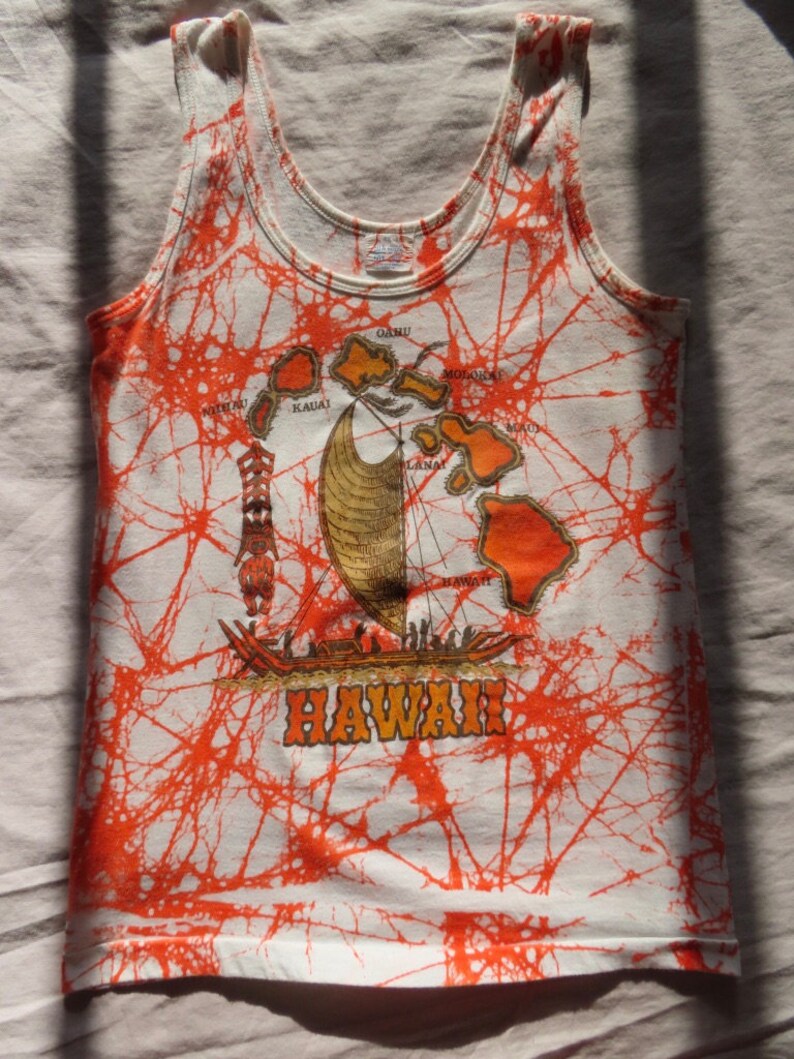 1970s Hawaii Tank Top Souvenir Orange White Boat Ship Island Print Oahu Maui Lanai Kauai size Small / Medium 34 chest / 26.25 length image 7