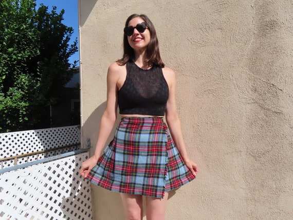 1960s Plaid Skirt Blue Red Pleated Side Buckle Sc… - image 3