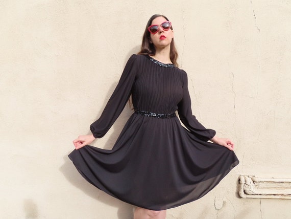 1970s Black Dress Sequin Pleated Full Long Sleeve… - image 3