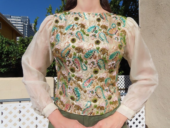 1960s Sequin Top Metallic Gold Beaded Green Pink … - image 2