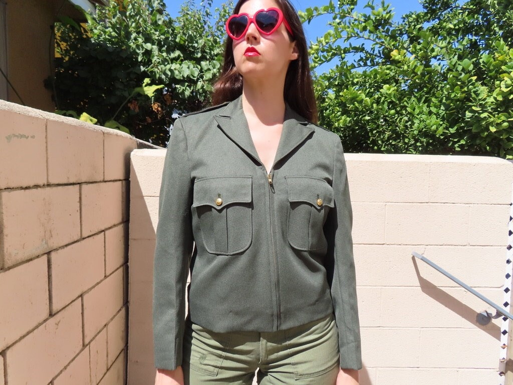 Vintage like military short jacket サイズ1 1960s Military Jacket Zip Front Gold Eugene Button Large Patch
