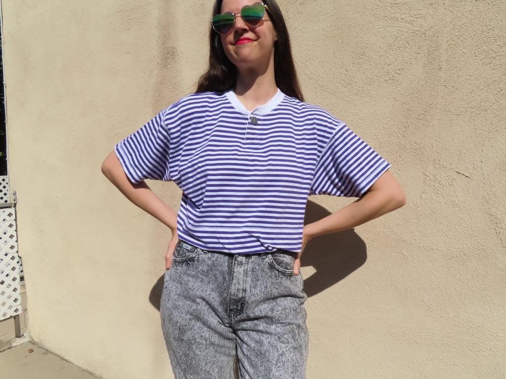 1990s Striped Crop Top Purple White Short Sleeve Horizontal Single