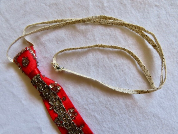 1930s Sequin Tie Red Satin Silver Metallic Thread… - image 6