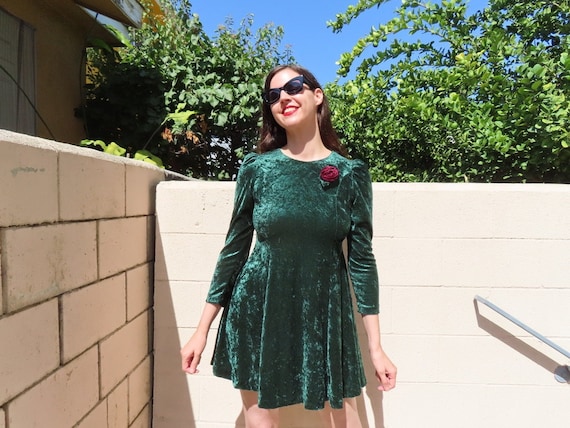 dark green velvet skater dress 90s Emerald Green Velvet Skater Dress With Black Lace and Ruched Neckline  Size Medium