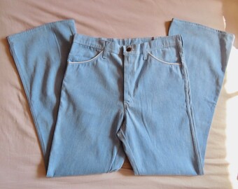 CLEARANCE SALE 1970s Deadstock Jeans High Waisted Light Blue Denim White Western size XL 12 - 37" waist, 41" hip, 13.5" rise, 34" inseam