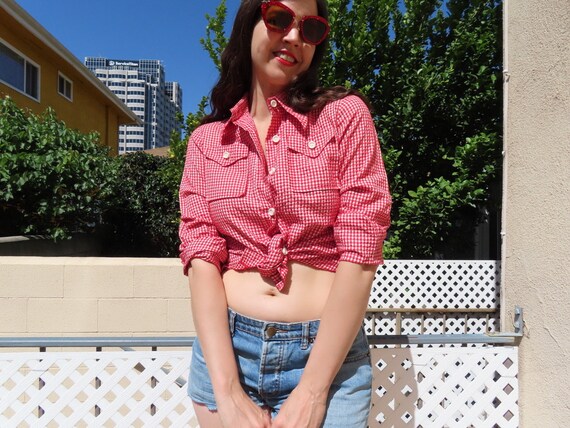 1970s Check Top Red White Oversized Button Front … - image 4