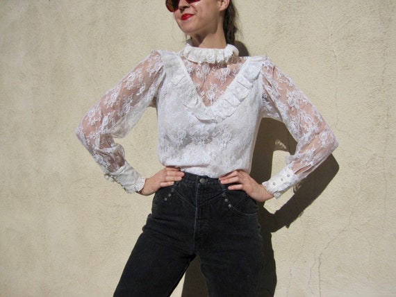 1970s Lace Blouse White Ruffle High Collar Top Sh… - image 1