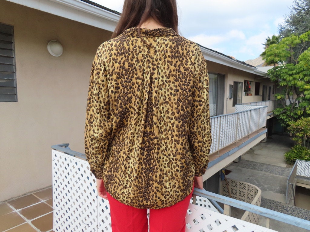1980s Leopard Top Lizwear Rayon Long Sleeve Button Down Blouse