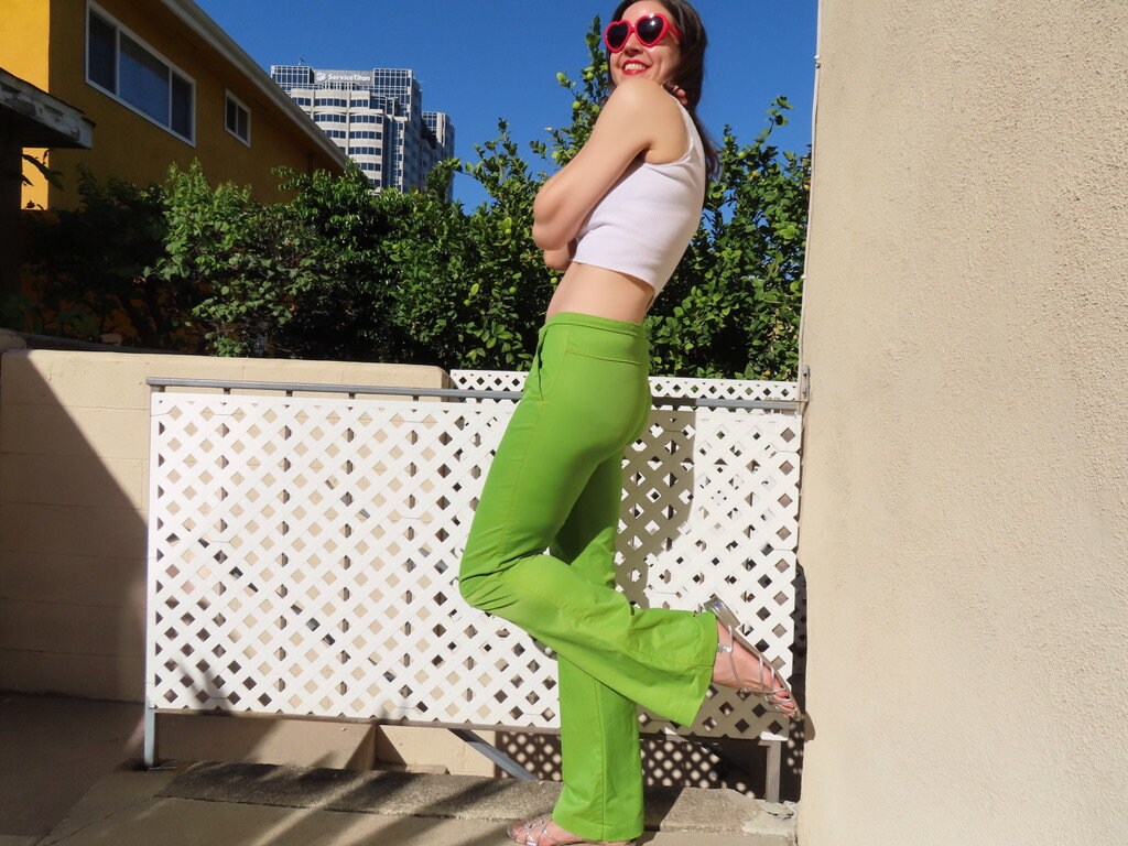 1990s Y2K Miss Sixty Pants Lime Green Low Rise Hip Hugger Flared